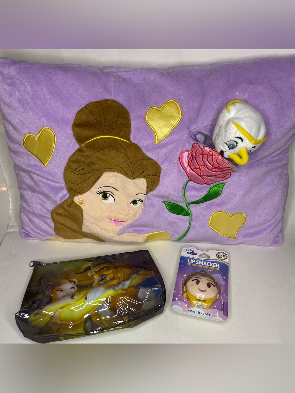 Beauty And The Beast Lot - Plush Pillow Chip, Loungefly Cosmetic Bag Lip Smacker
